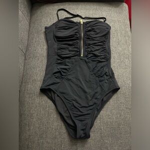 Black Ruched Swimsuit with Gold Zipper